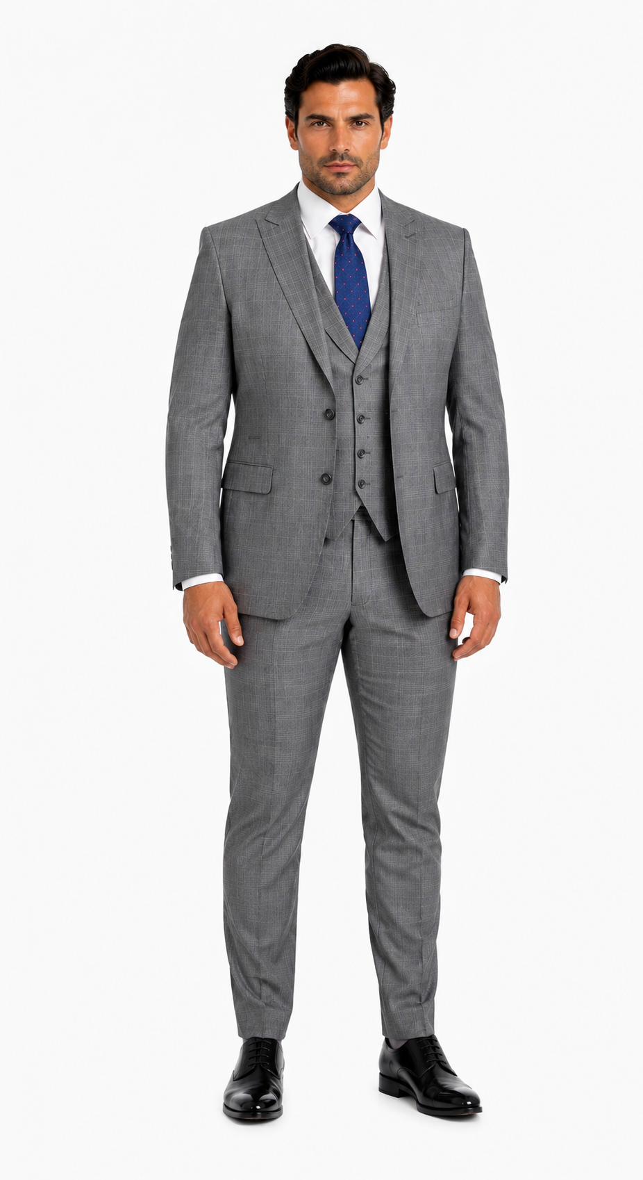 Mens 2 Button Vested Peak Lapel Plaid Suit in Grey