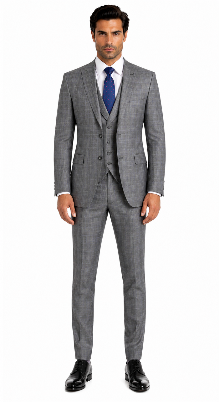 Mens 2 Button Vested Peak Lapel Plaid Suit in Grey
