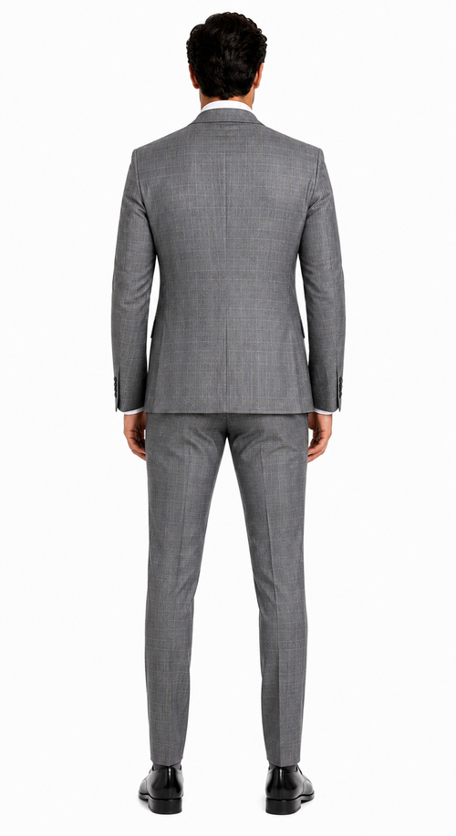 Mens 2 Button Vested Peak Lapel Plaid Suit in Grey