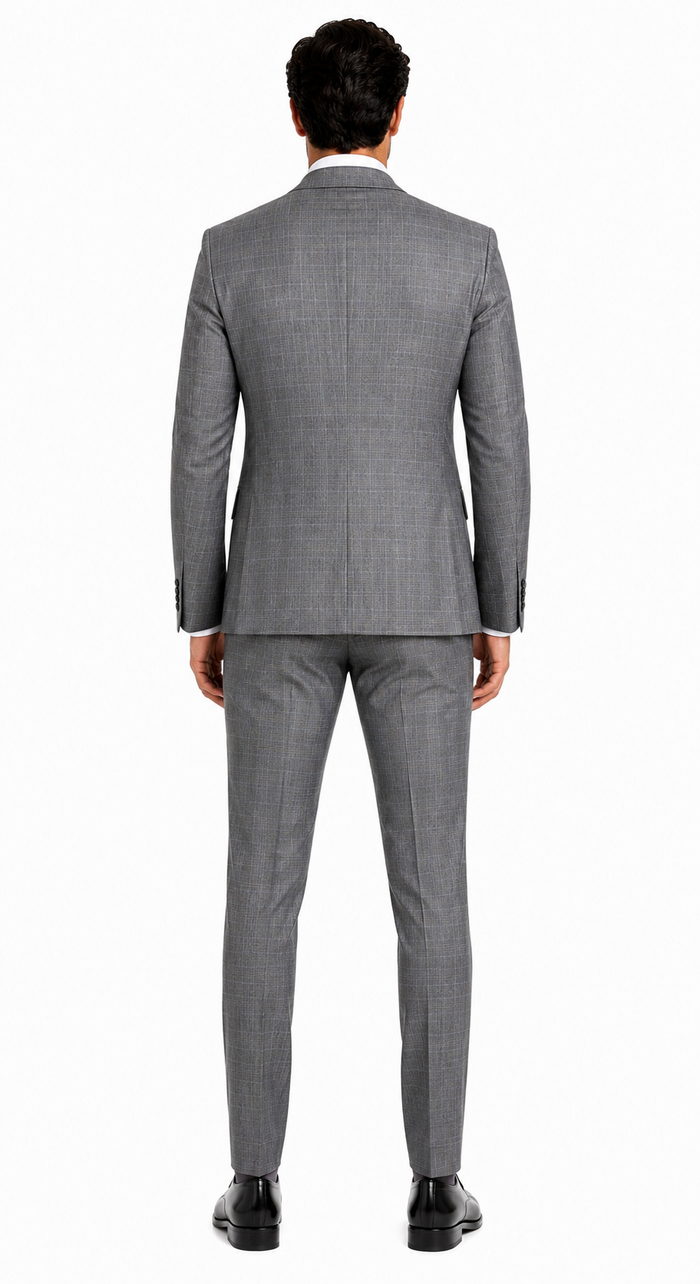 Mens 2 Button Vested Peak Lapel Plaid Suit in Grey