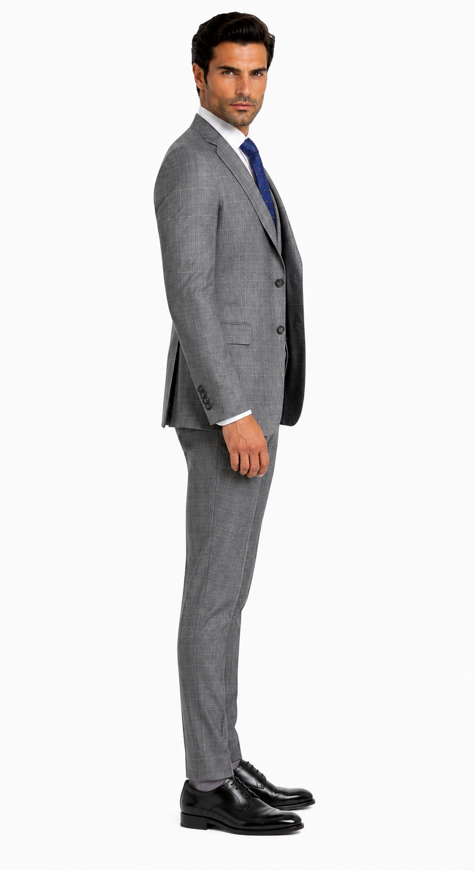 Mens 2 Button Vested Peak Lapel Plaid Suit in Grey