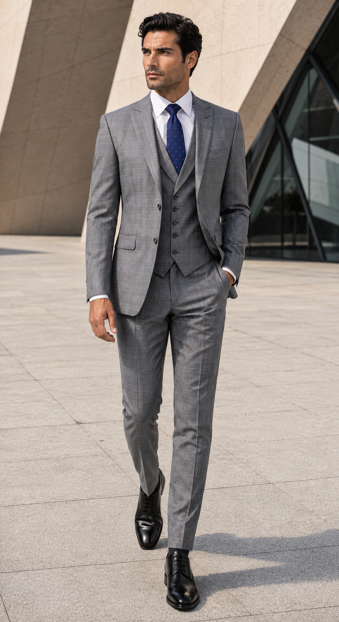 Mens 2 Button Vested Peak Lapel Plaid Suit in Grey