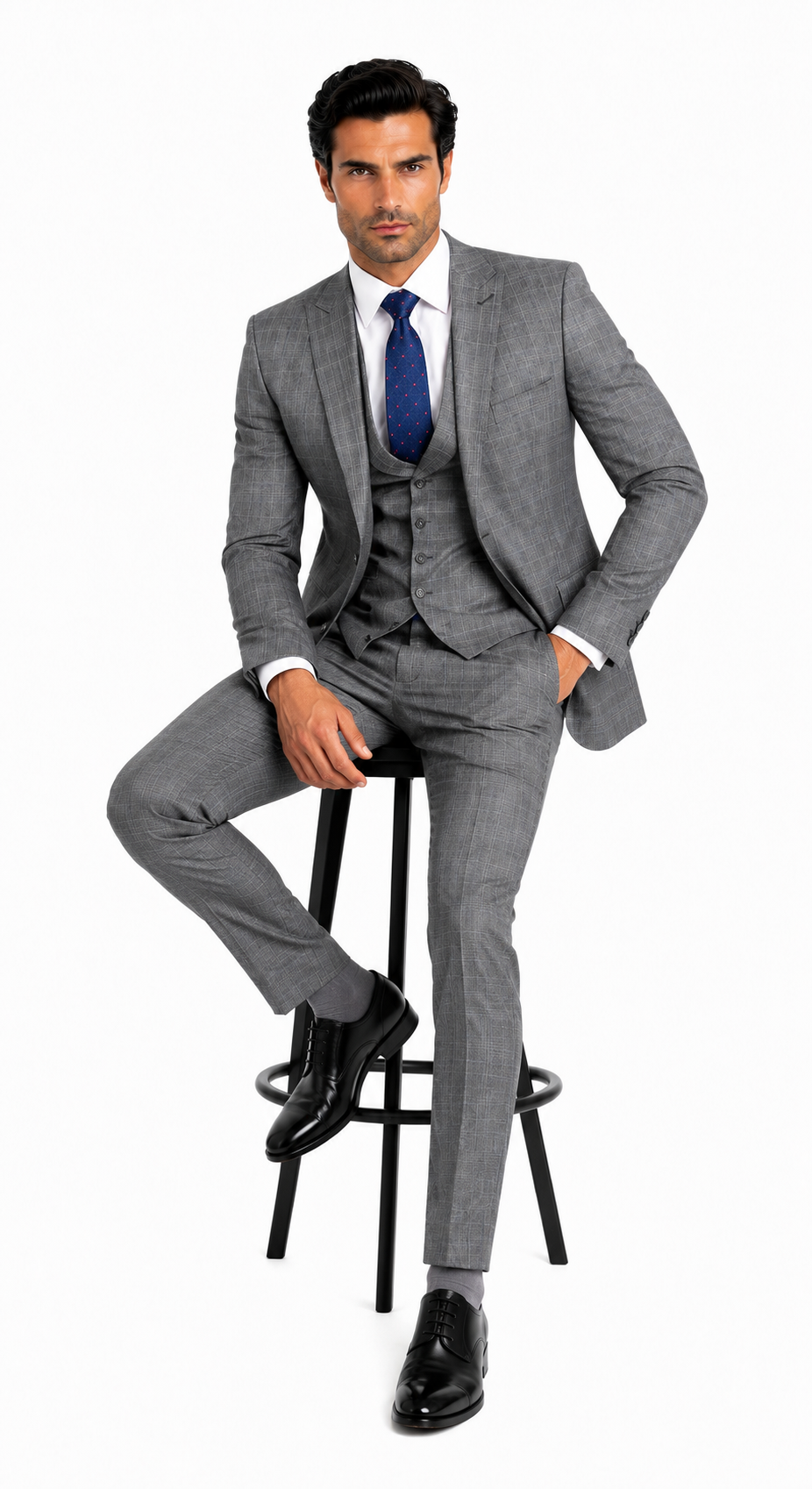 Mens 2 Button Vested Peak Lapel Plaid Suit in Grey