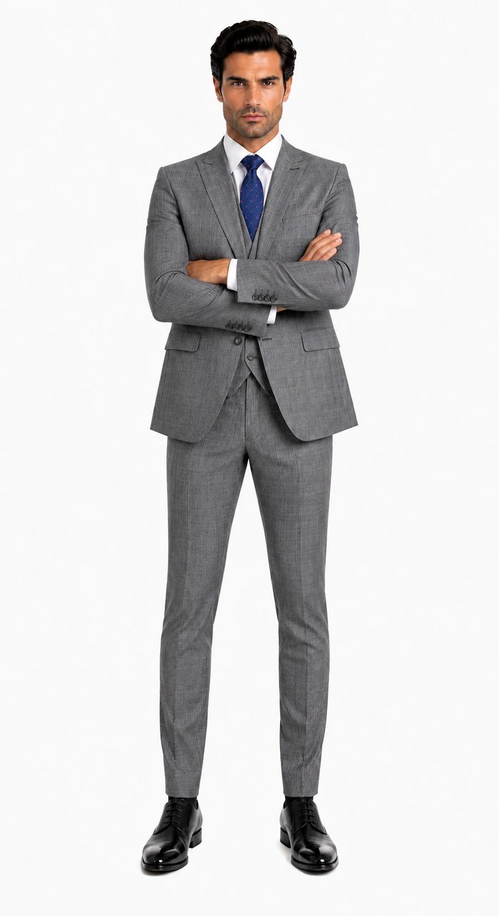 Mens 2 Button Vested Peak Lapel Plaid Suit in Grey