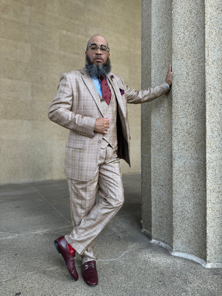 Marc Darcy Wedding Suits Mens 2 Button Vested Peak Lapel Plaid Windowpane Suit in Camel - 34 Short or Extra Small