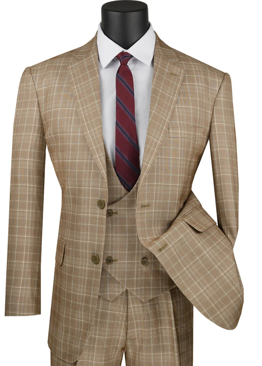 Marc Darcy Wedding Suits Mens 2 Button Vested Peak Lapel Plaid Windowpane Suit in Camel - 34 Short or Extra Small
