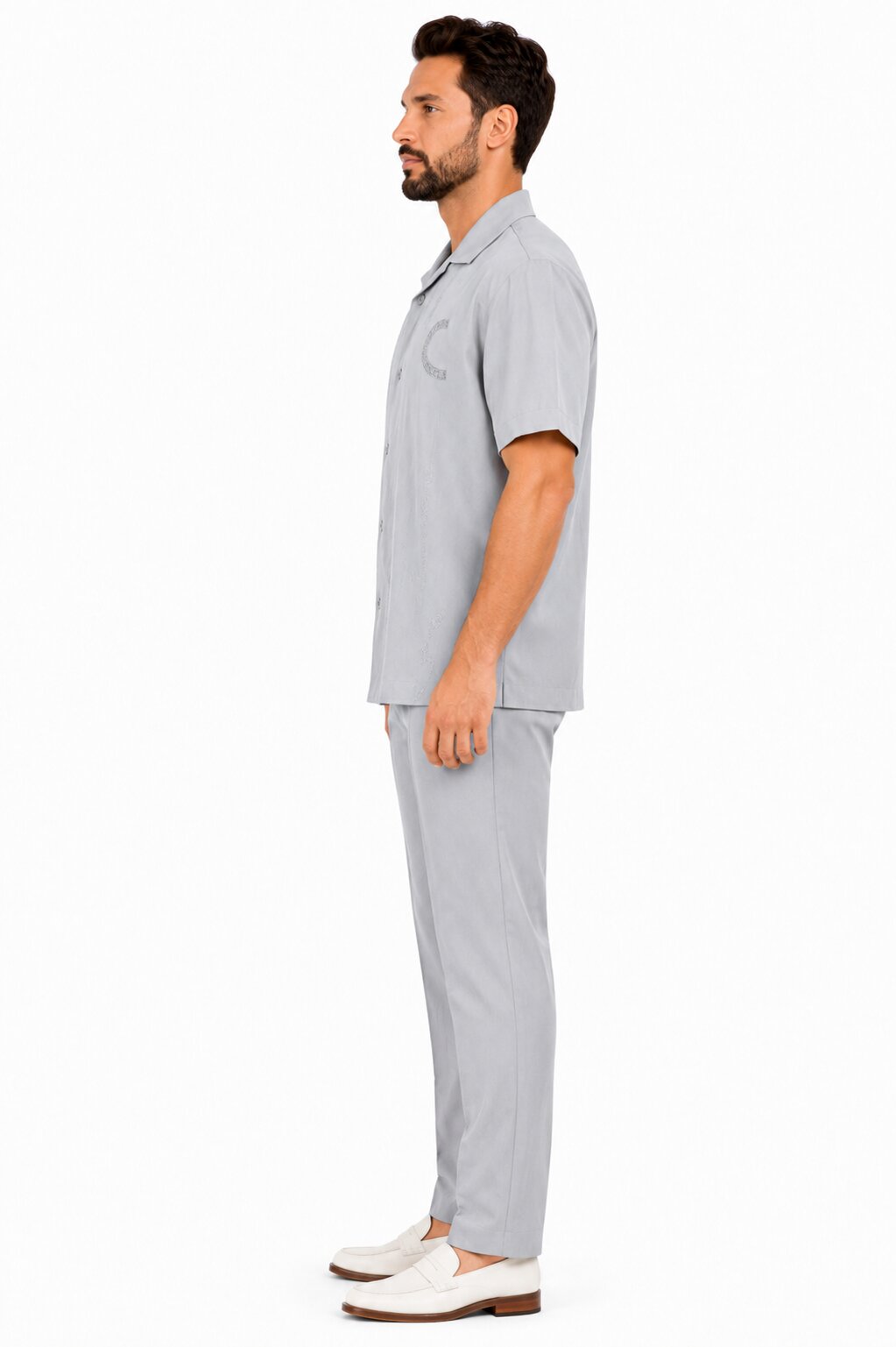Men’s Light Gray Embroidered Walking Suit Set – 2 Piece Short Sleeve Casual Outfit - S