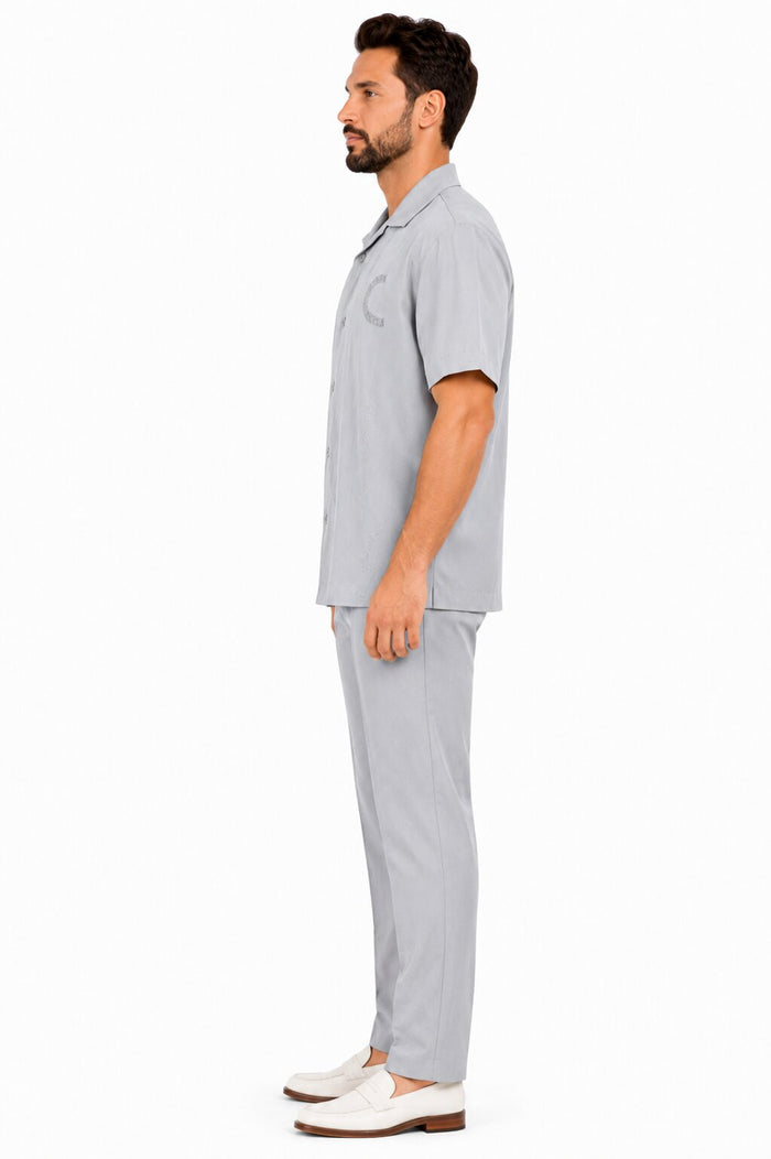 Men’s Light Gray Embroidered Walking Suit Set – 2 Piece Short Sleeve Casual Outfit