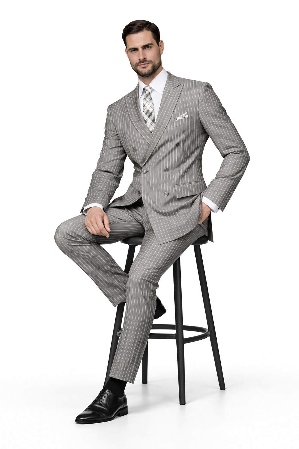 Men's 2-Piece Wool Suit - Bold Pinstripe | 100% Wool | Statement Outlet - 38 Short Jacket+32 Waist Adjustable 28to34)(Height: 5 4 to5 7 )(Neck  15-16.5)S-M)