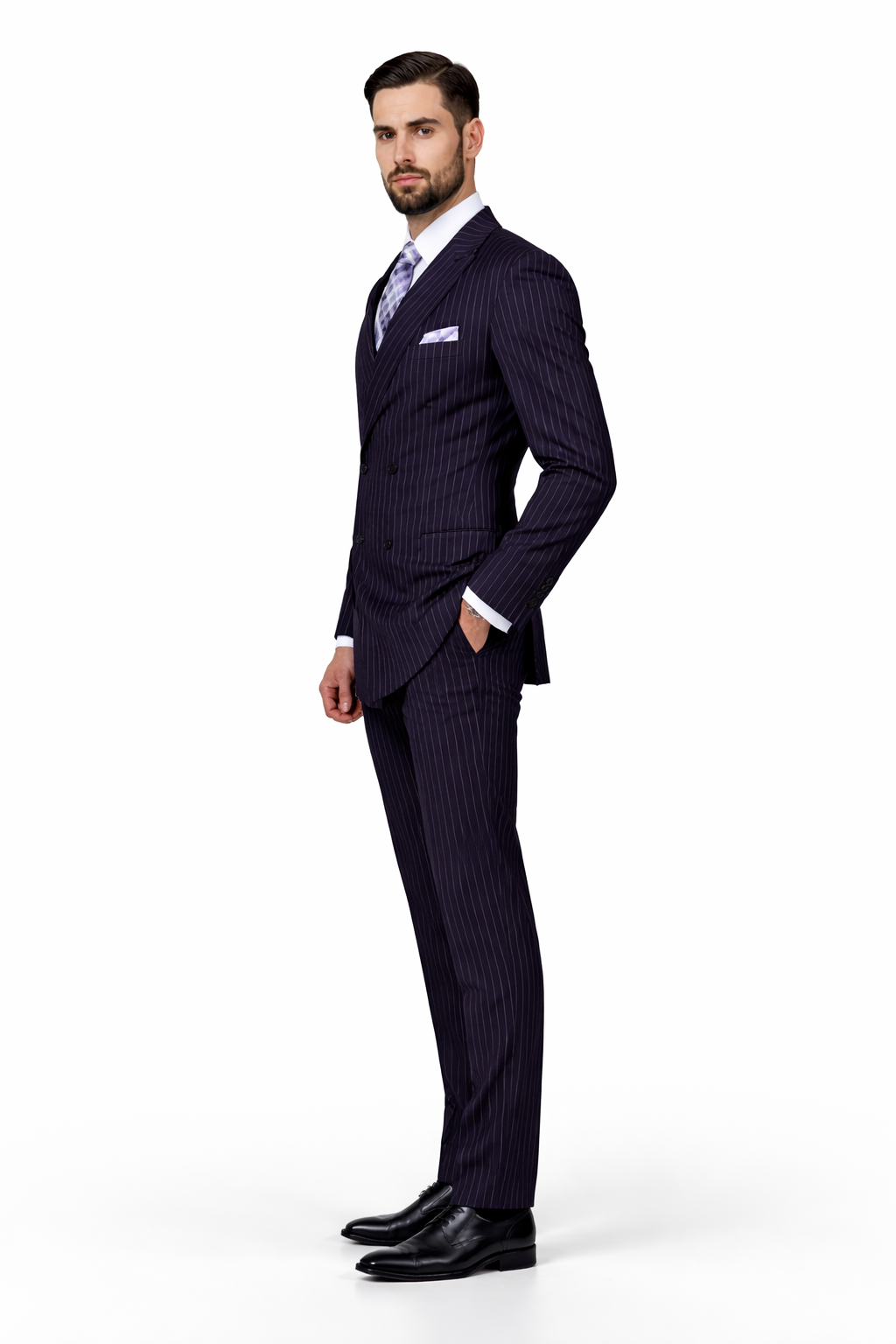 Men's 2-Piece Wool Suit - Bold Pinstripe | 100% Wool | Statement Outlet - 38 Short Jacket+32 Waist Adjustable 28to34)(Height: 5 4 to5 7 )(Neck  15-16.5)S-M)