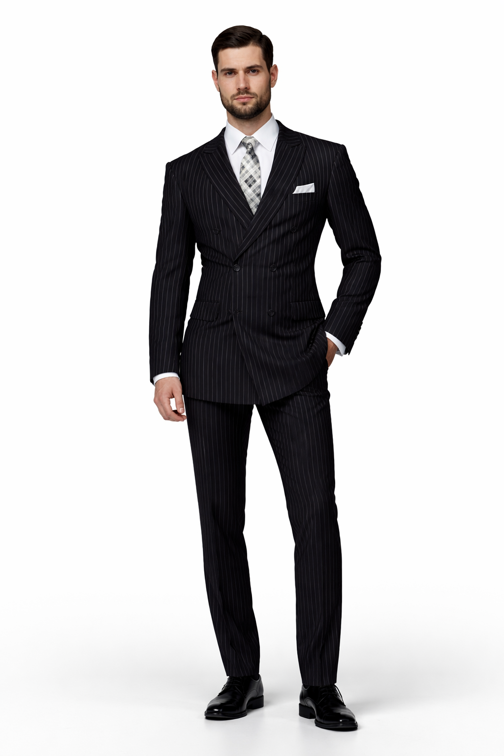 Men's 2-Piece Wool black Suit Bold Pinstripe 100% Wool Statement Fashion - 38 Short Jacket+32 Waist Adjustable 28to34)(Height: 5 4 to5 7 )(Neck  15-16.5)S-M)