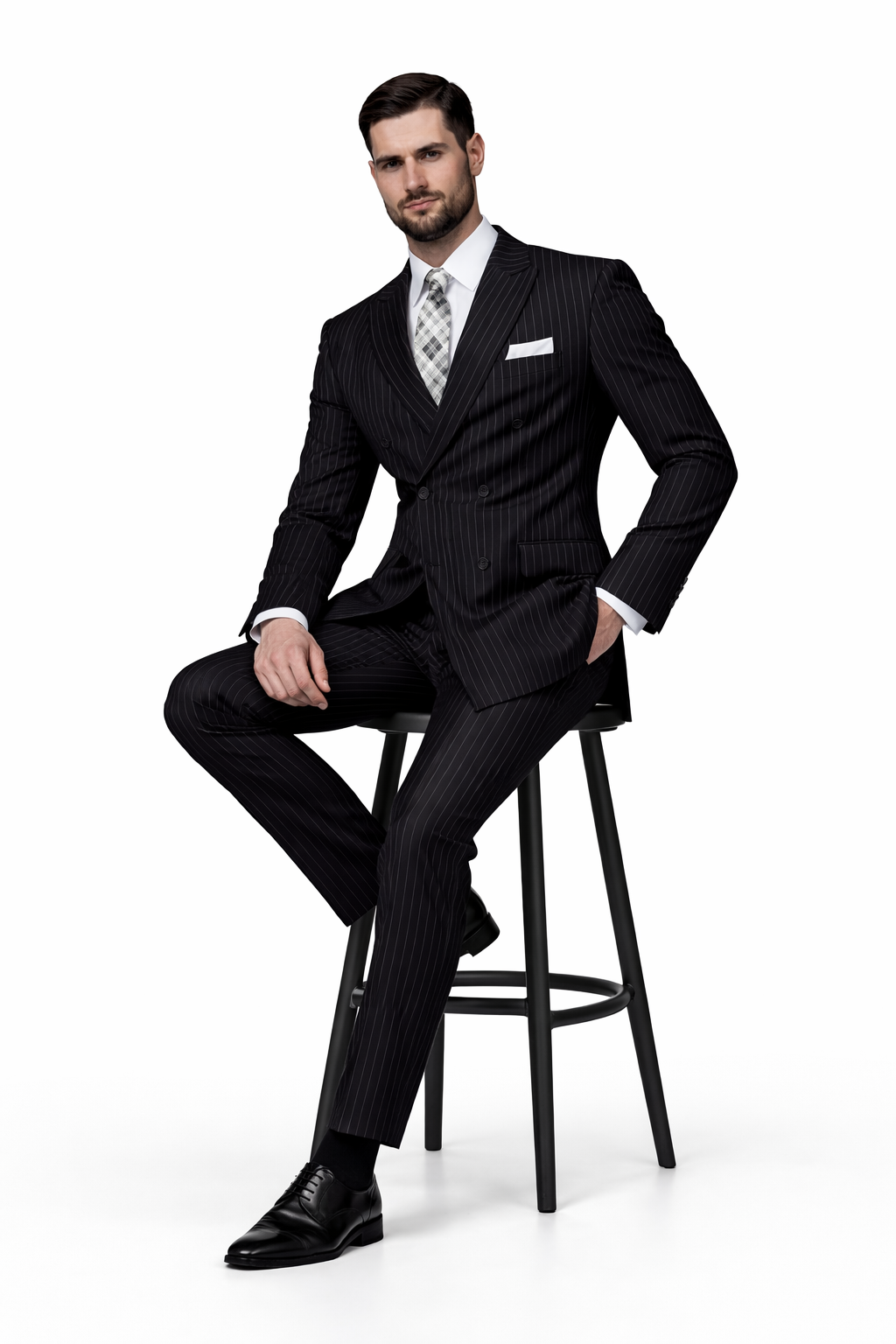Men's 2-Piece Wool Suit - Bold Pinstripe | 100% Wool | Statement Outlet - 38 Short Jacket+32 Waist Adjustable 28to34)(Height: 5 4 to5 7 )(Neck  15-16.5)S-M)