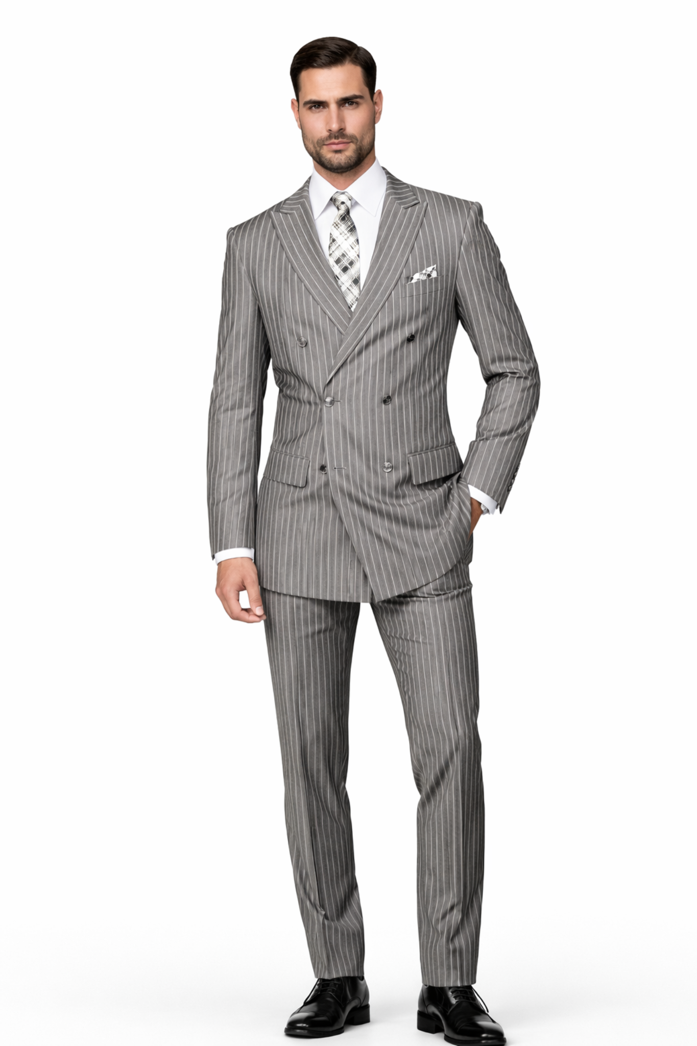 Men's 2-Piece Wool Suit - Bold Pinstripe | 100% Wool | Statement Outlet - 38 Short Jacket+32 Waist Adjustable 28to34)(Height: 5 4 to5 7 )(Neck  15-16.5)S-M)