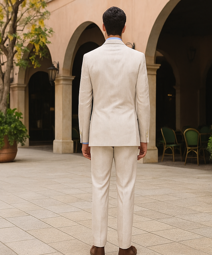 "Modern Fit Men's Seersucker Suit - 2PC Summer Tan Pinstripe" - 38 Short