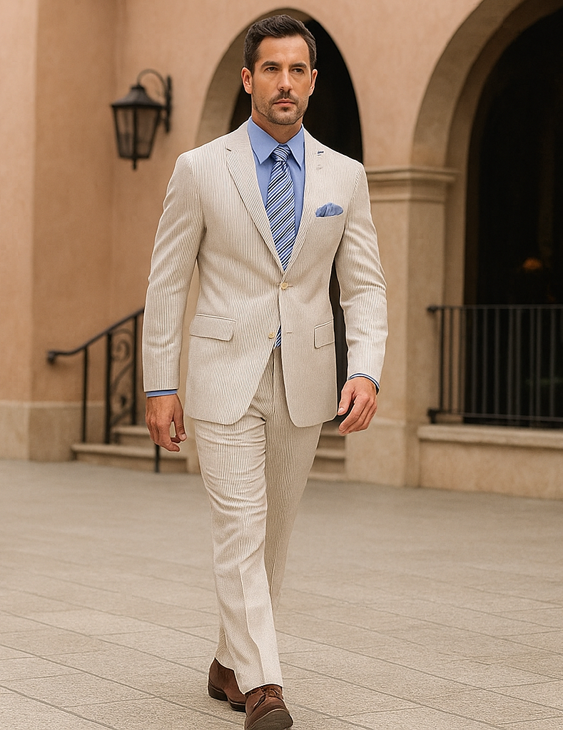 "Modern Fit Men's Seersucker Suit - 2PC Summer Tan Pinstripe" - 38 Short