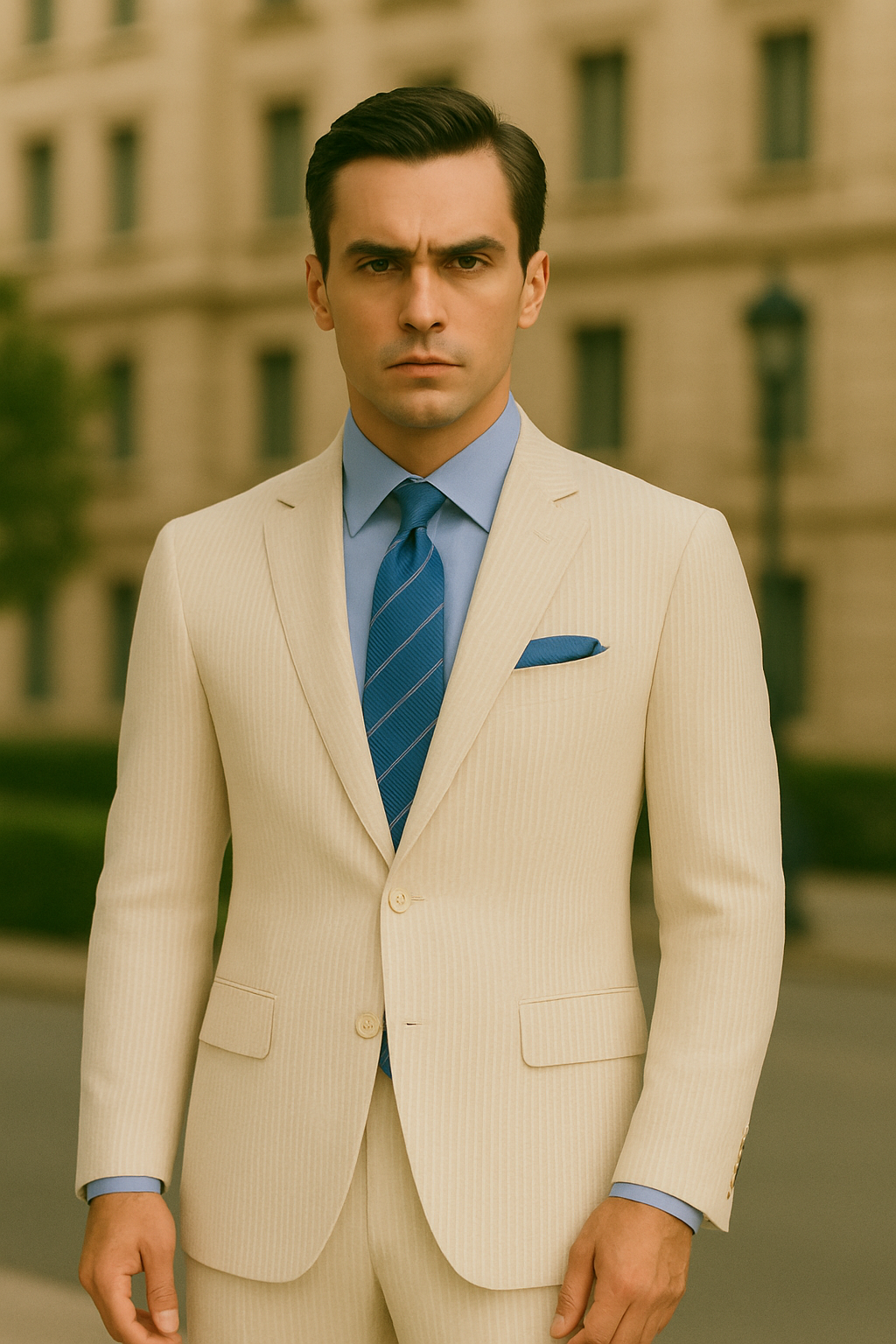 Men's 2PC Summer Seersucker Modern Fit Tan Pinstripe Suit - New Arrival - Coat Size 38