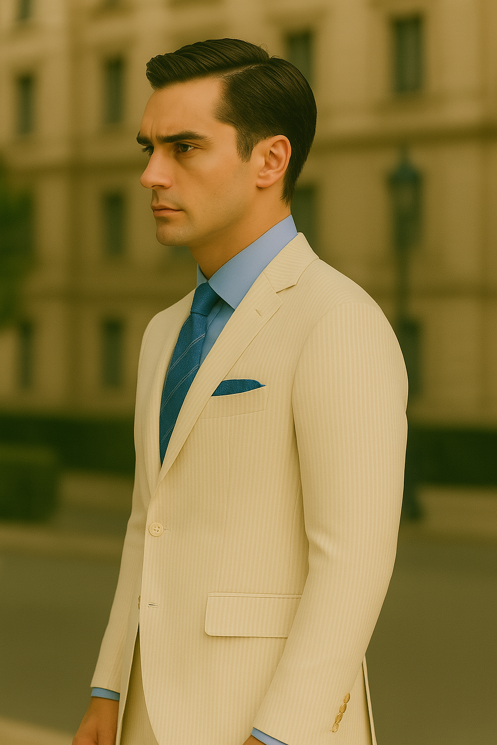 Men's 2PC Summer Seersucker Modern Fit Tan Pinstripe Suit - New Arrival - Coat Size 38