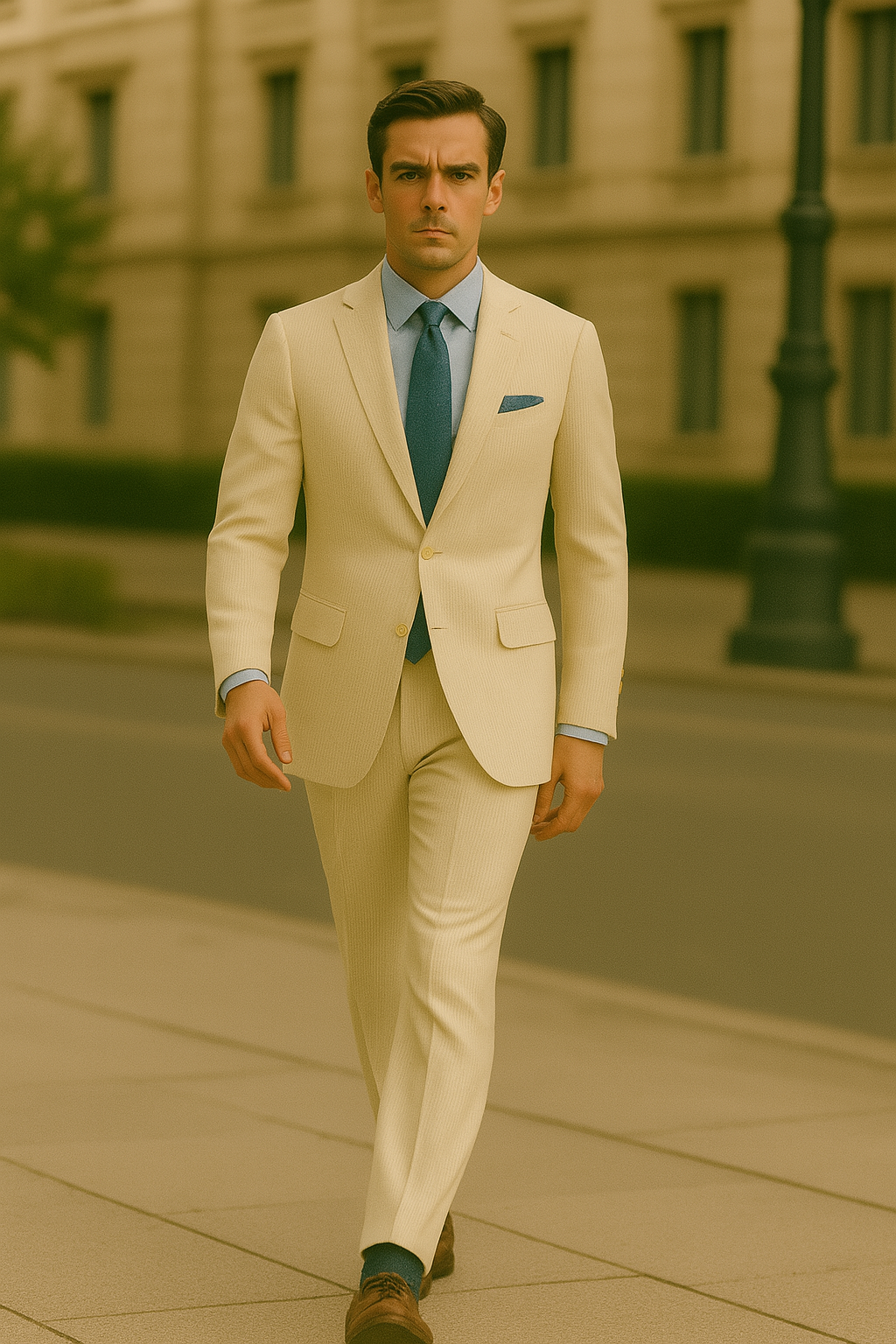 Men's 2PC Summer Seersucker Modern Fit Tan Pinstripe Suit - New Arrival - Coat Size 38