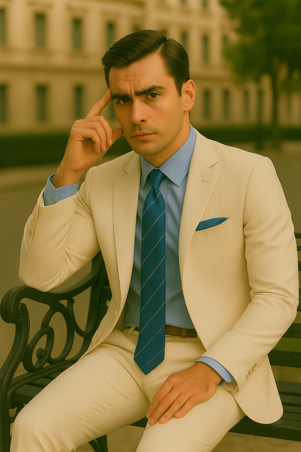 Men's 2PC Summer Seersucker Modern Fit Tan Pinstripe Suit - New Arrival - Coat Size 38