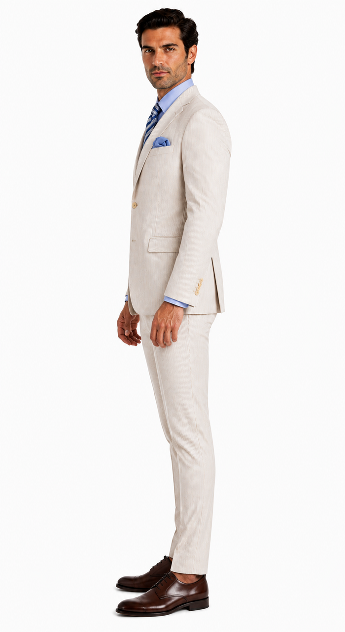Men's 2PC Summer Seersucker Modern Fit Tan Pinstripe Suit - New Arrival