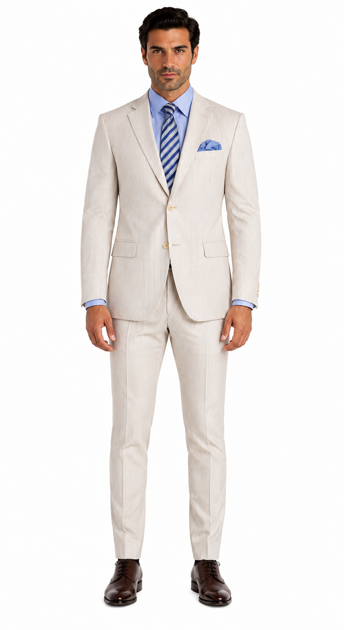 Men's 2PC Summer Seersucker Modern Fit Tan Pinstripe Suit - New Arrival