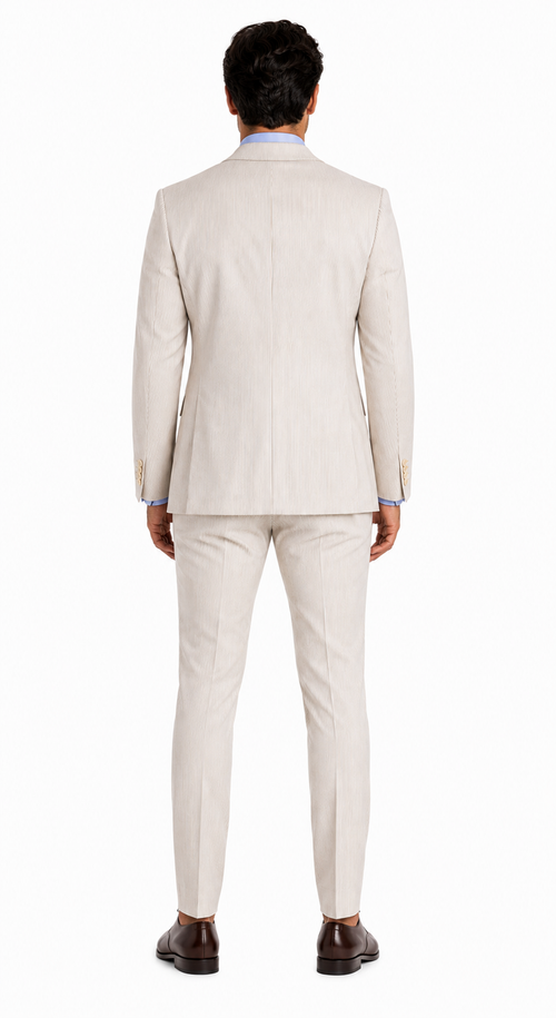 Men's 2PC Summer Seersucker Modern Fit Tan Pinstripe Suit - New Arrival