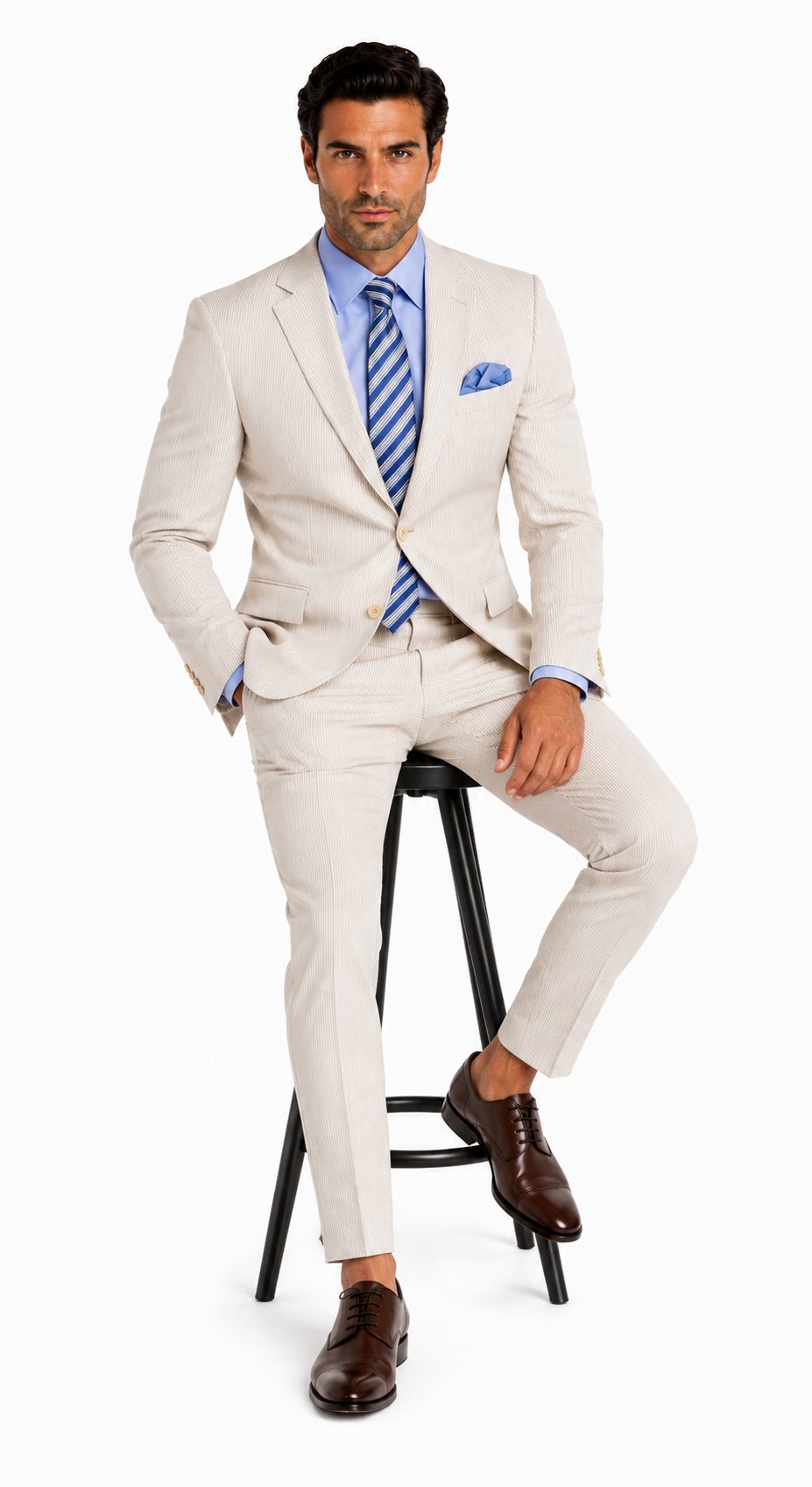 Men's 2PC Summer Seersucker Modern Fit Tan Pinstripe Suit - New Arrival