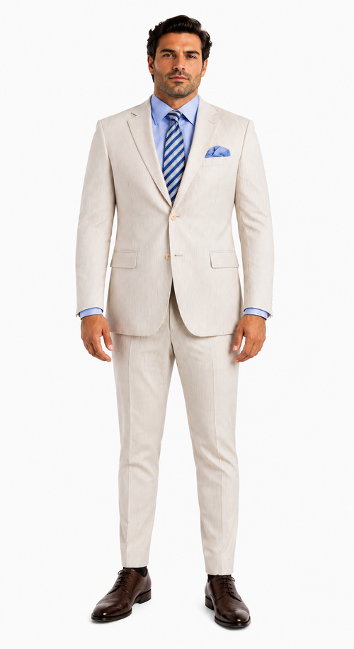 Men's 2PC Summer Seersucker Modern Fit Tan Pinstripe Suit - New Arrival