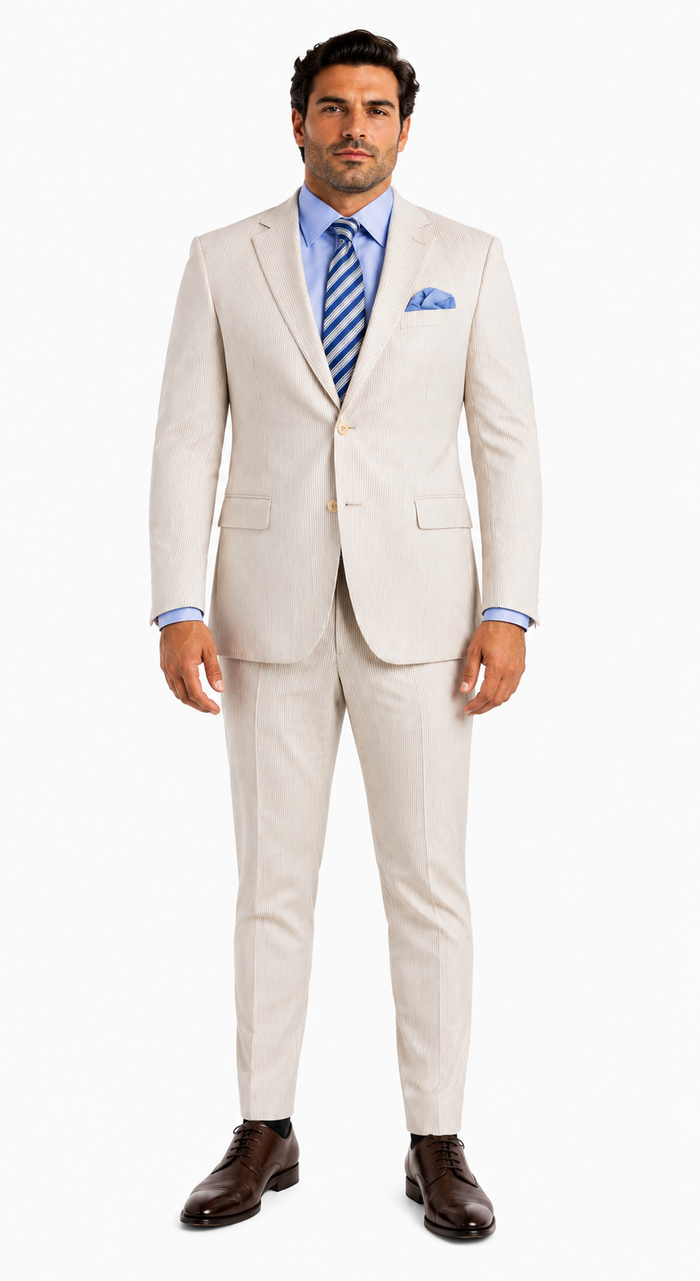 Men's 2PC Summer Seersucker Modern Fit Tan Pinstripe Suit - New Arrival