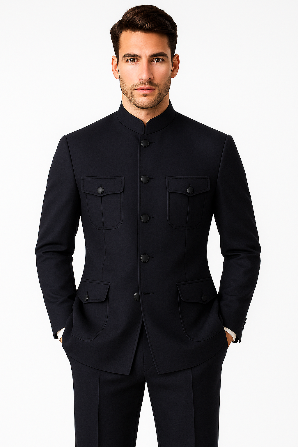 Apollo King Men's 2 Piece Nehru Style Suit Fashion Pockets-New Designer Collection - 40R