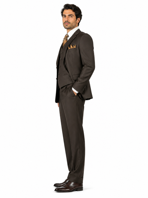 "Classic Fit Men's 3-Button Vested Suit in Brown - Basic Style"