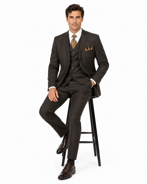 "Classic Fit Men's 3-Button Vested Suit in Brown - Basic Style"