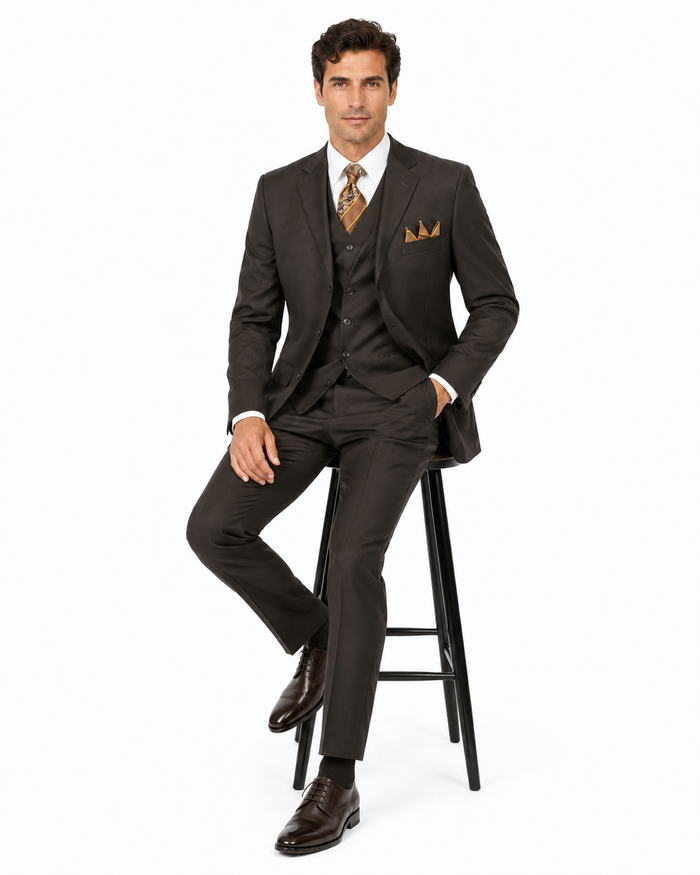 "Classic Fit Men's 3-Button Vested Suit in Brown - Basic Style"