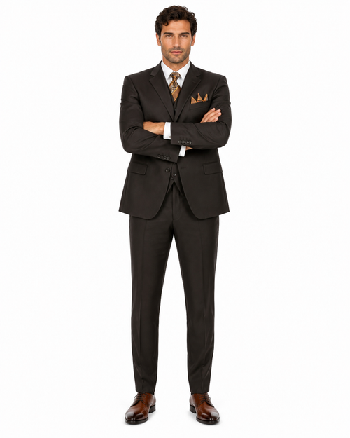 "Classic Fit Men's 3-Button Vested Suit in Brown - Basic Style"