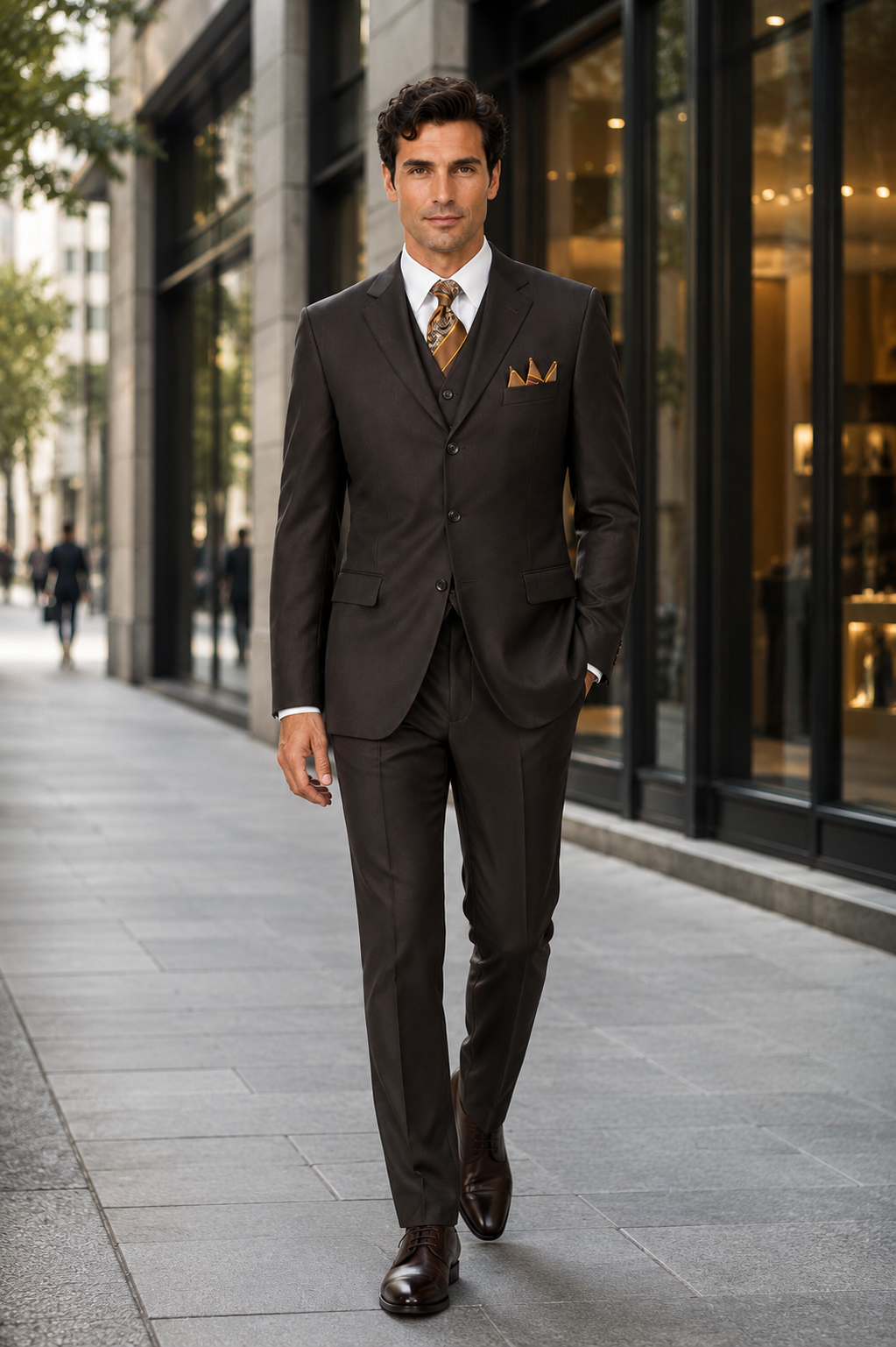 "Classic Fit Men's 3-Button Vested Suit in Brown - Basic Style"