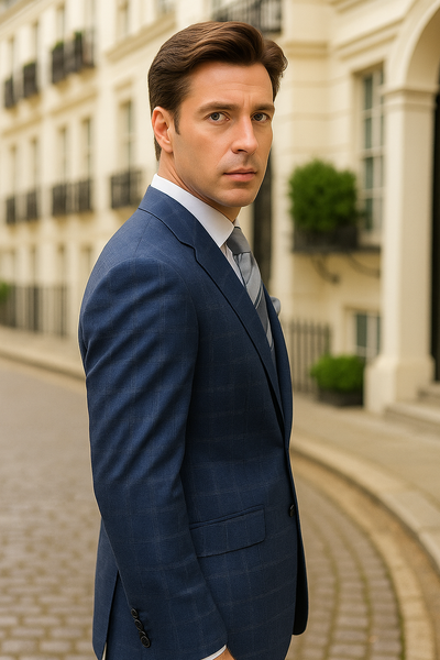 Mens 3 Piece 100 Percent Wool Suit - Affordable Italian Super 150's Fabric in Plaid Texture Fabric in Color Blue - Online Special