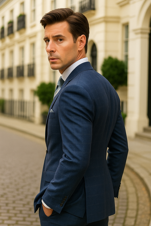 Mens 3 Piece 100 Percent Wool Suit - Affordable Italian Super 150's Fabric in Plaid Texture Fabric in Color Blue - Online Special