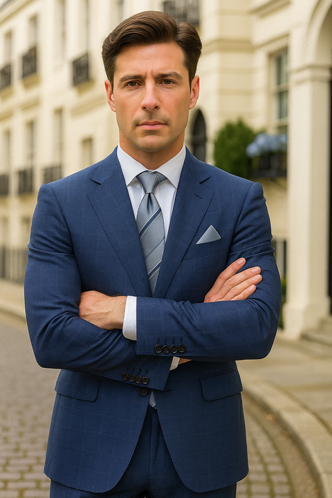 Mens 3 Piece 100 Percent Wool Suit - Affordable Italian Super 150's Fabric in Plaid Texture Fabric in Color Blue - Online Special