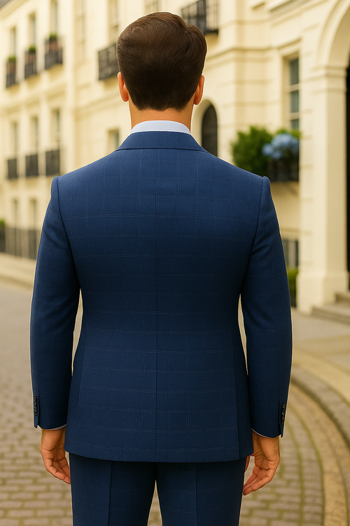 Mens 3 Piece 100 Percent Wool Suit - Affordable Italian Super 150's Fabric in Plaid Texture Fabric in Color Blue - Online Special