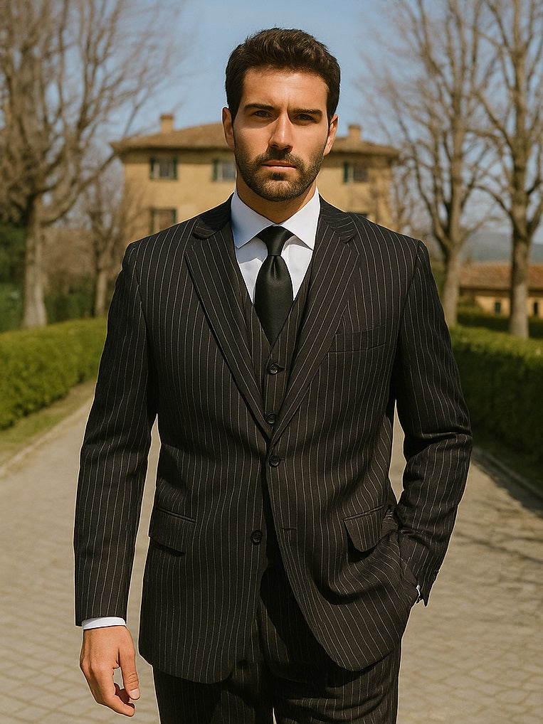 Men's 3-Piece Black Bold White Chalk Bold Pinstripe Vested Cheap Priced Business Suits Clearance Sale - 58R