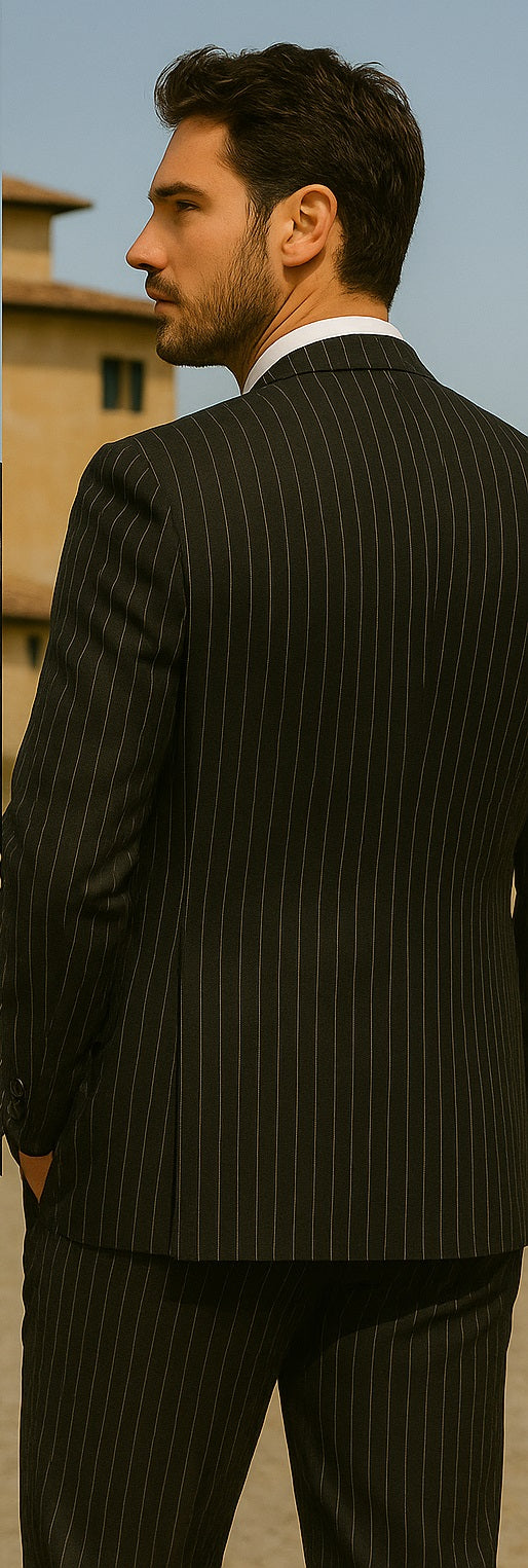 Men's 3-Piece Black Bold White Chalk Bold Pinstripe Vested Cheap Priced Business Suits Clearance Sale - 58R