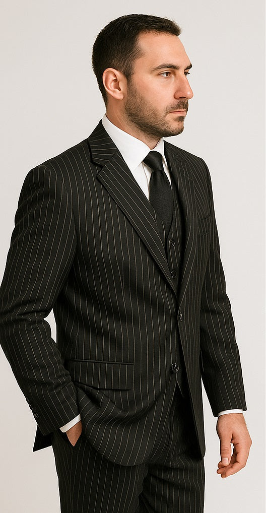 Men's 3-Piece Black Bold White Chalk Bold Pinstripe Vested Cheap Priced Business Suits Clearance Sale