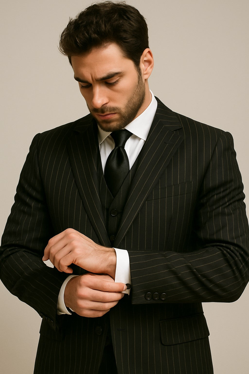 Men's 3-Piece Black Bold White Chalk Bold Pinstripe Vested Cheap Priced Business Suits Clearance Sale - 58R