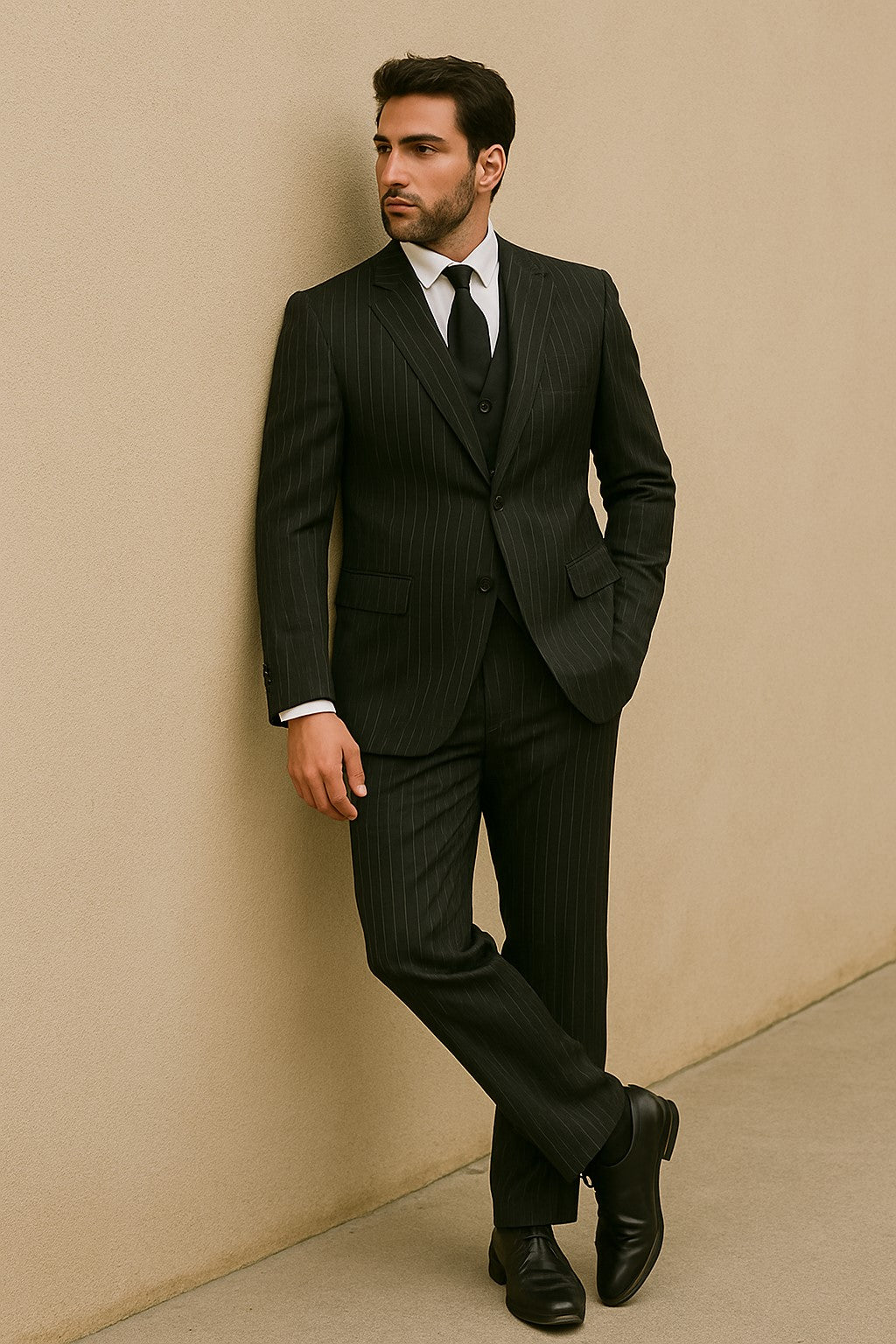 Men's 3-Piece Black Bold White Chalk Bold Pinstripe Vested Cheap Priced Business Suits Clearance Sale - 58R