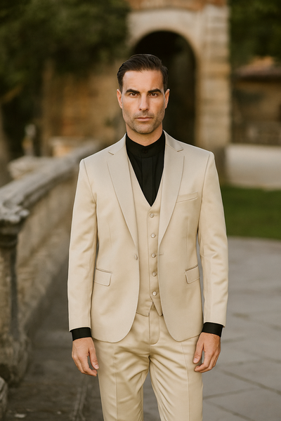 Mens 3-Piece Slim-Fit Shiny All Satin Suit Champagne