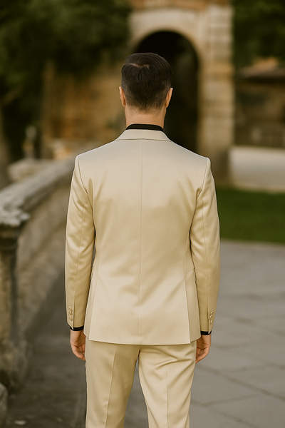 Mens 3-Piece Slim-Fit Shiny All Satin Suit Champagne