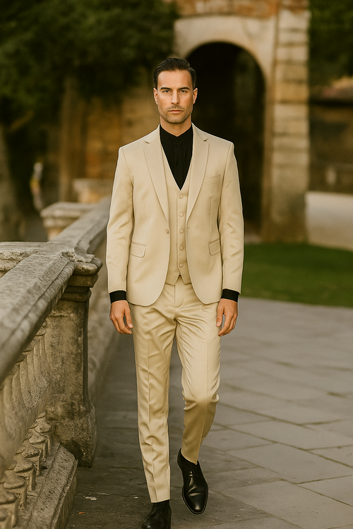 Mens 3-Piece Slim-Fit Shiny All Satin Suit Champagne