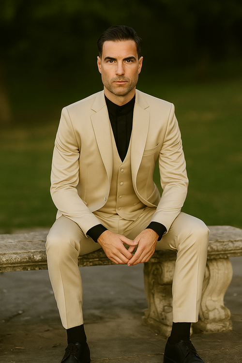 Mens 3-Piece Slim-Fit Shiny All Satin Suit Champagne