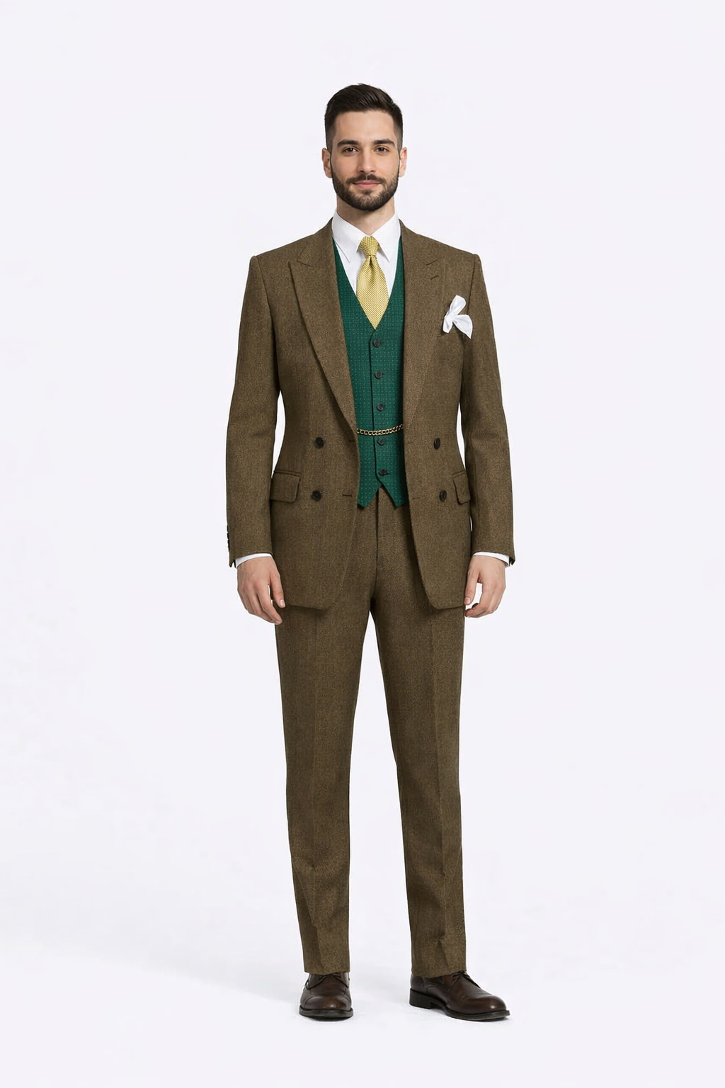 Al Capone Outfit for Men Brown Double Breasted Suit $179 + Hunter Green Vest $59 - 34 Short or Extra Small