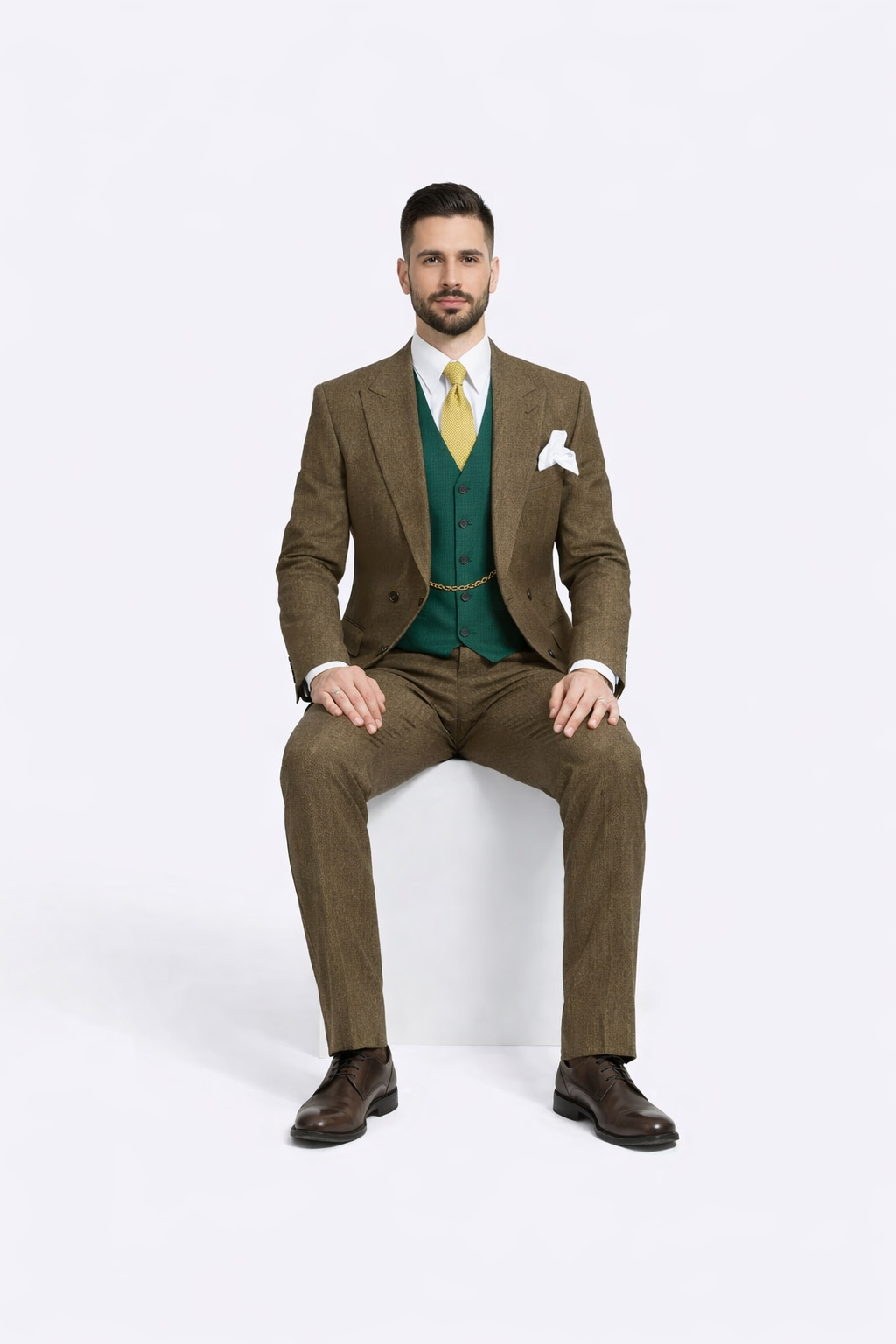 Al Capone Outfit for Men Brown Double Breasted Suit $179 + Hunter Green Vest $59 - 34 Short or Extra Small